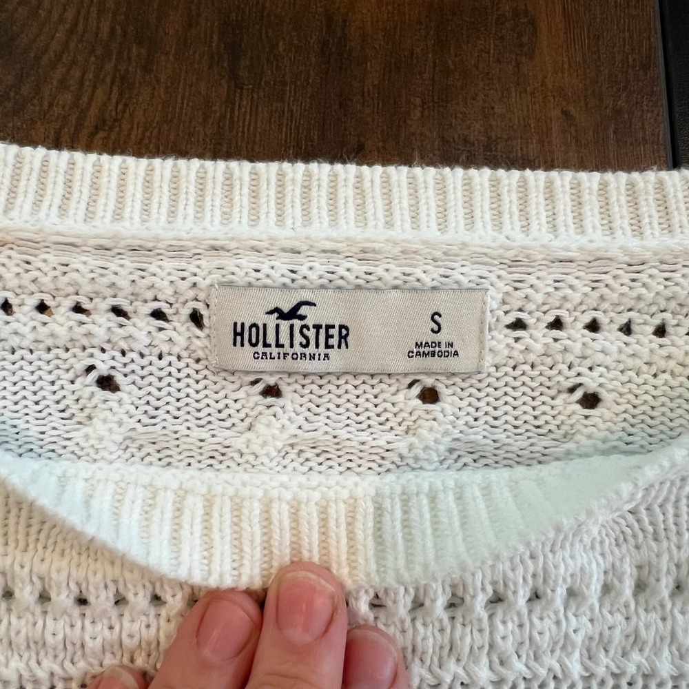 Hollister Womens White Pointelle Knit Cropped Sweater Scoop Neck Cotton Small - Picture 6 of 8